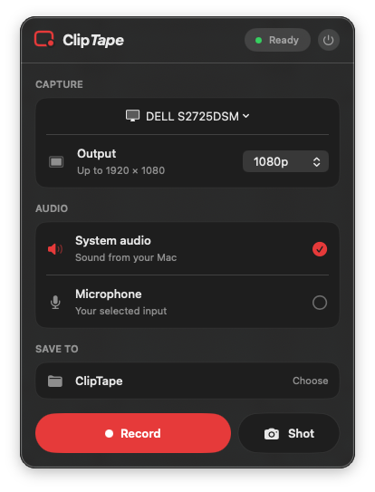 The ClipTape menu bar window: a display picked for capture, 1080p output, system audio and microphone toggles, a save folder, and Record and Shot buttons.