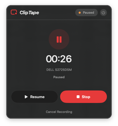 ClipTape mid-recording in its paused state, showing a timer, the capture target, and Resume, Stop, and Cancel Recording controls.